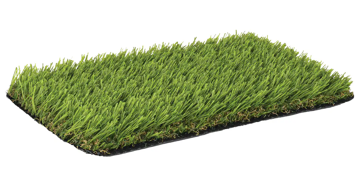Landscape artificial grass sample showing green blades and curled thatch fibers