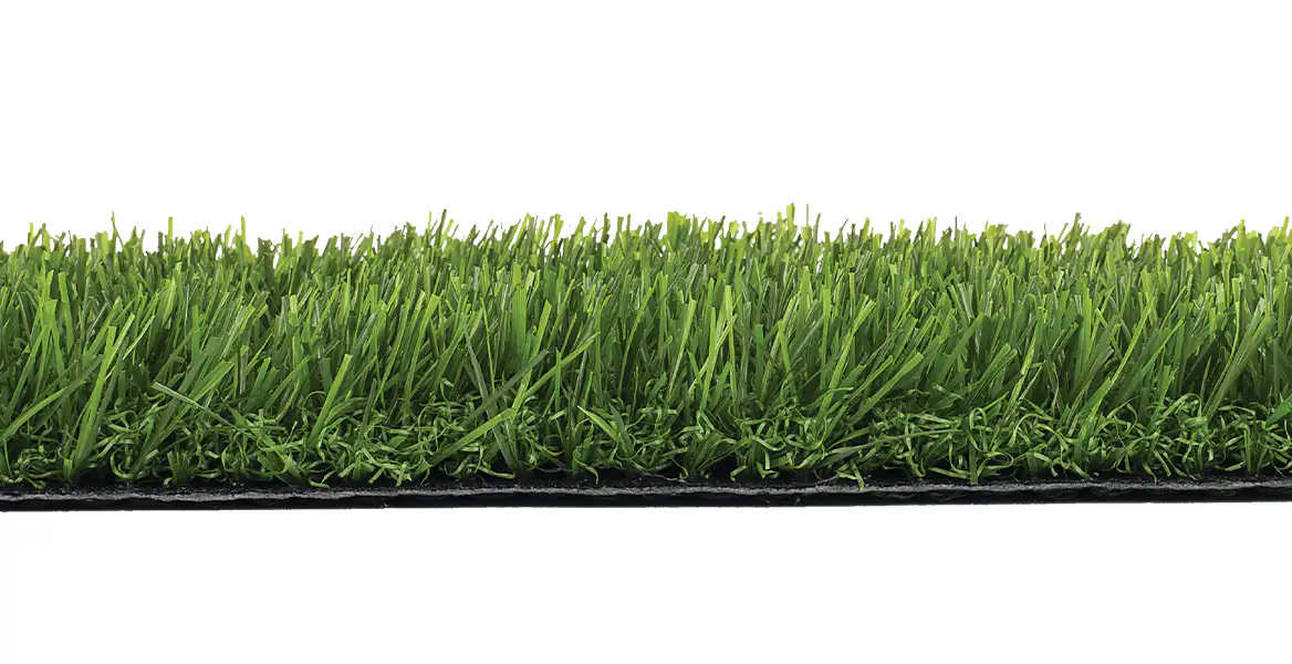 Side profile of artificial garden grass showing pile height and backing