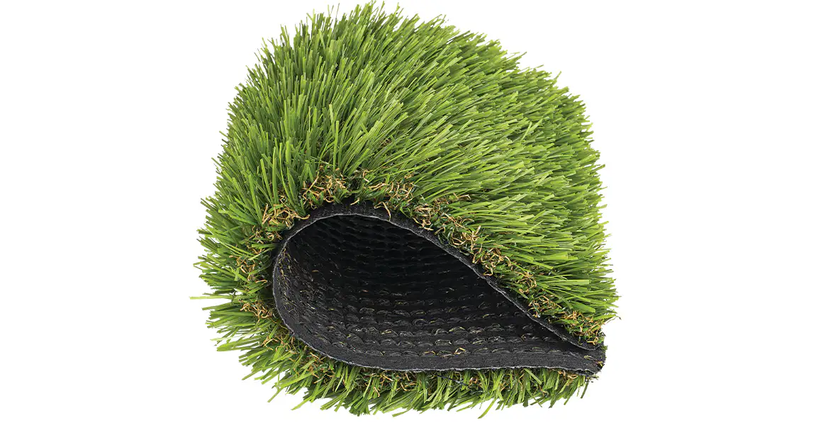 Artificial grass sample folded to show green fibers and black backing
