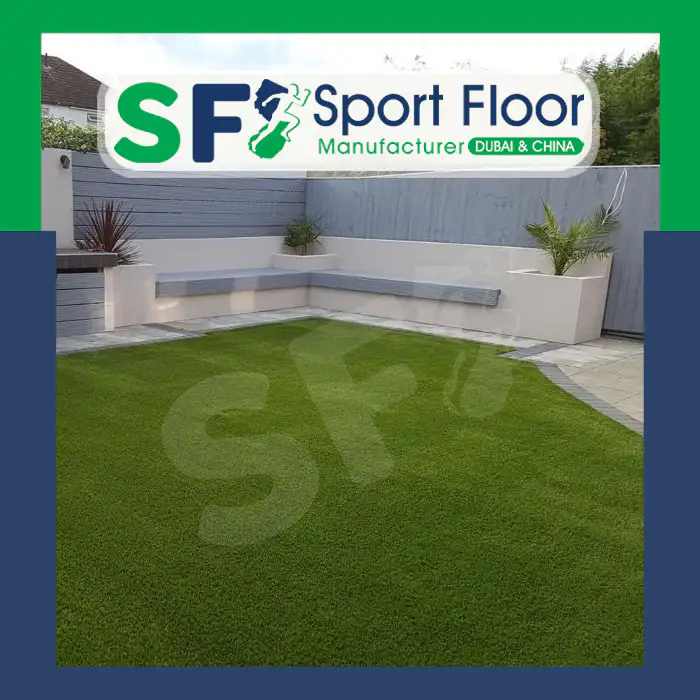 Artificial grass installed in a compact modern courtyard