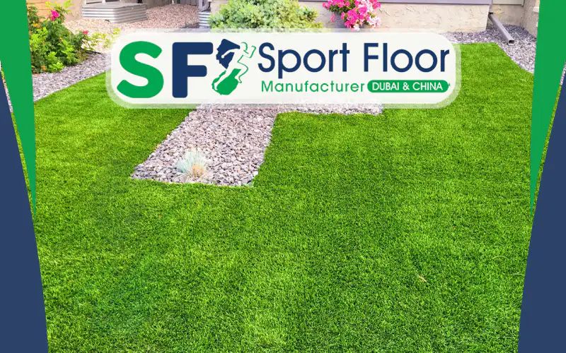Short artificial grass installed around decorative gravel areas