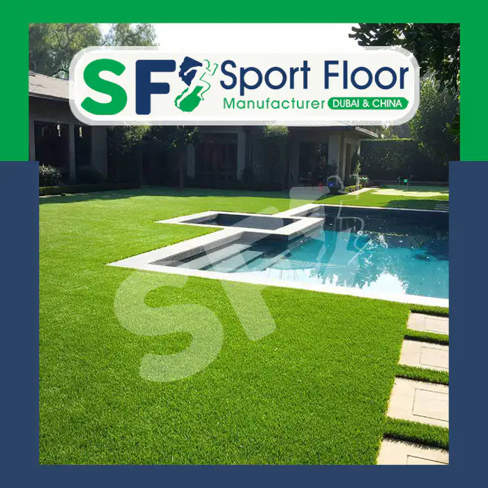 Artificial grass landscape around a swimming pool