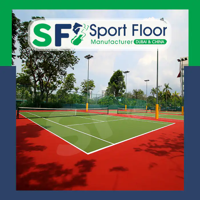 Green acrylic tennis court with red surrounding zone