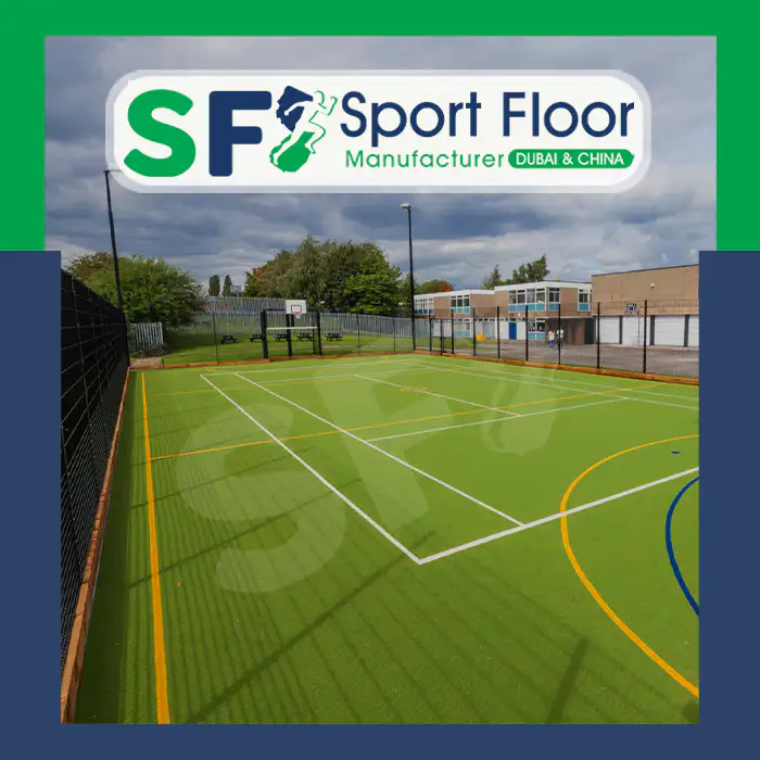 Green acrylic multi-sport court with basketball and secondary activity markings