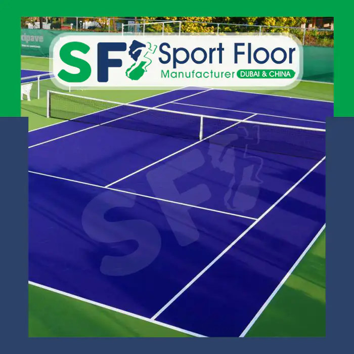 Dark blue acrylic tennis court with green outer area