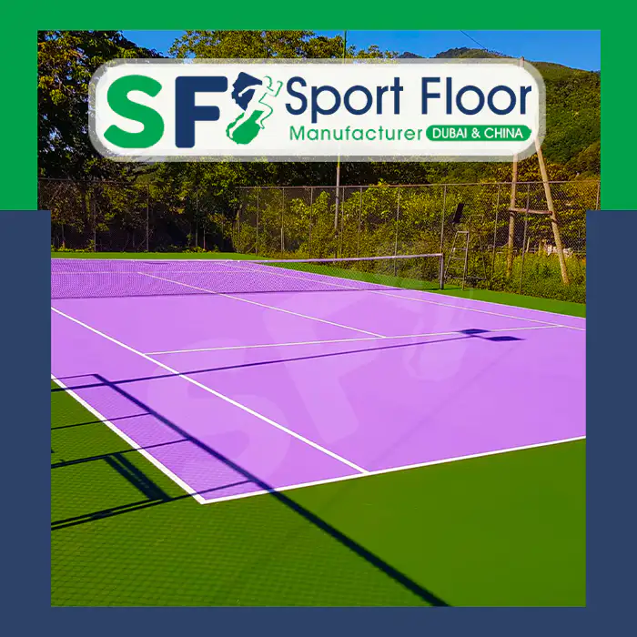 Purple acrylic tennis court with green surrounding zone