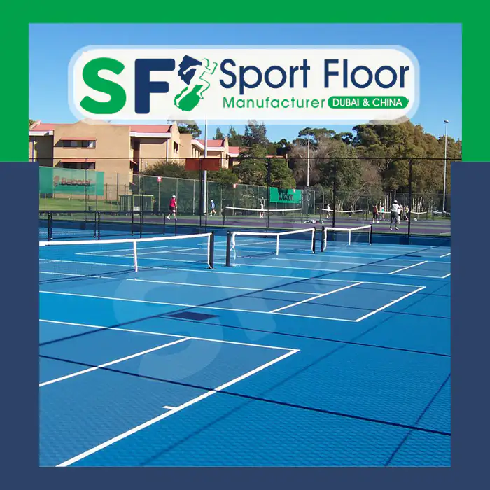 Blue acrylic tennis court complex with several nets