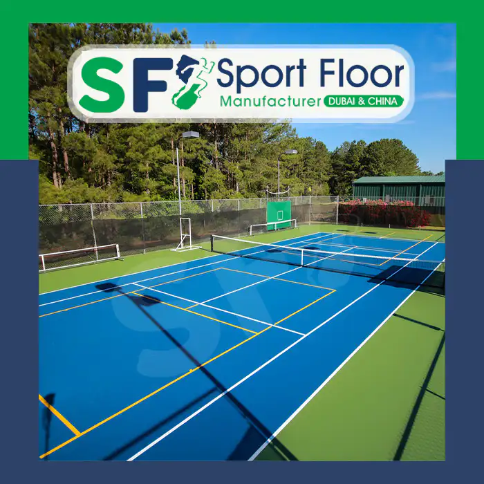 Blue and green acrylic tennis court with secondary line markings