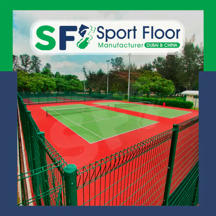 Green acrylic tennis court with red perimeter and metal fencing