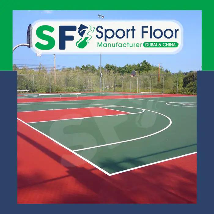 Green and red outdoor acrylic basketball court with clear line markings