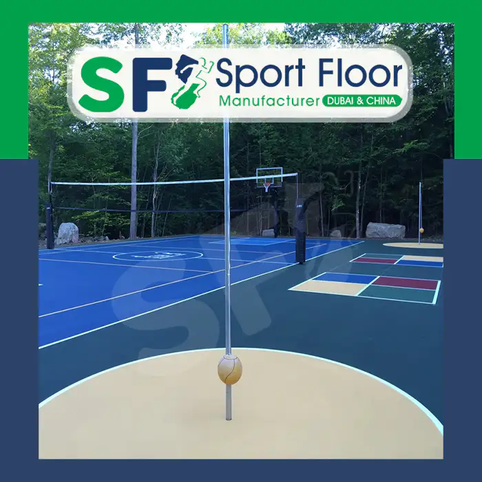 Blue acrylic volleyball and basketball court in a wooded outdoor facility