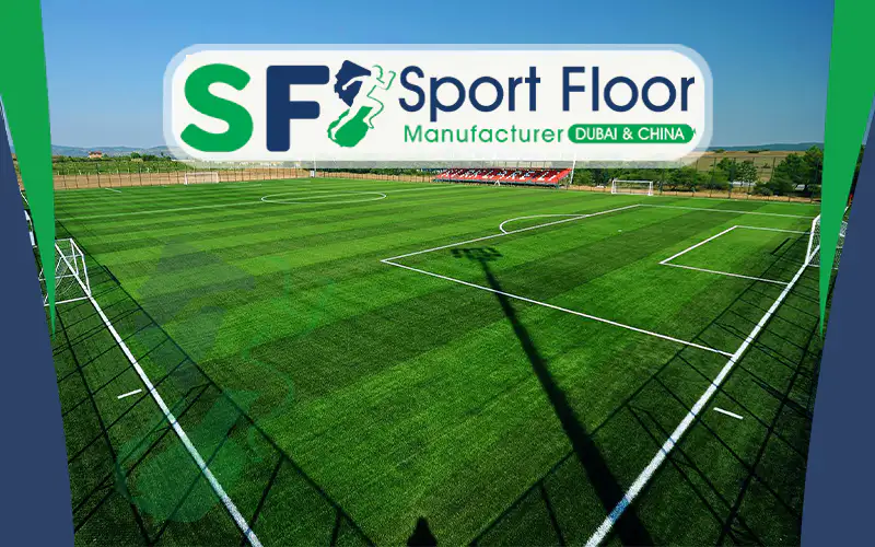Full-size football field covered with striped artificial grass