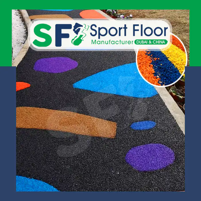 Black recreational rubber surface with colorful shapes