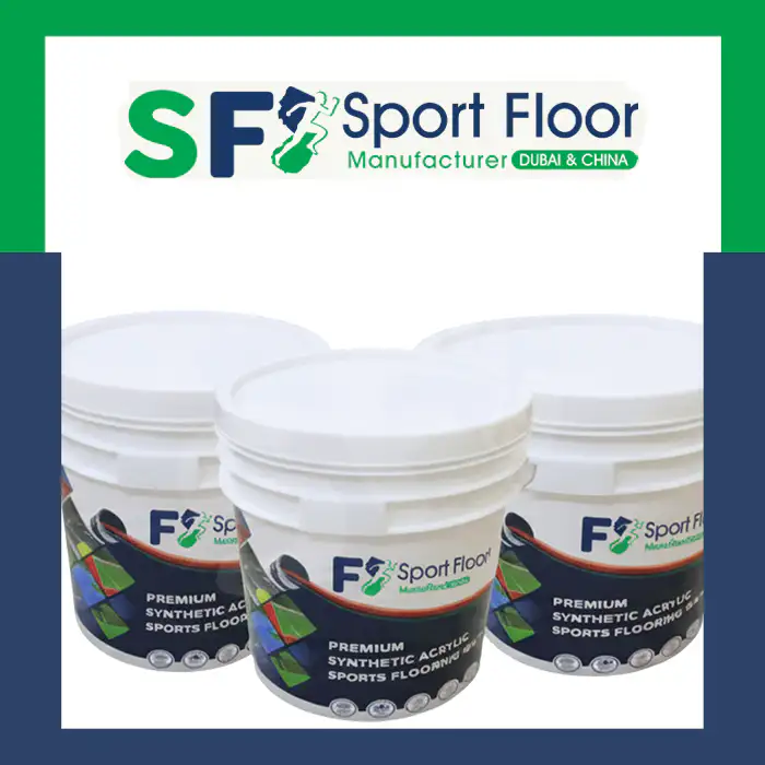 Labeled buckets representing synthetic acrylic sports flooring materials