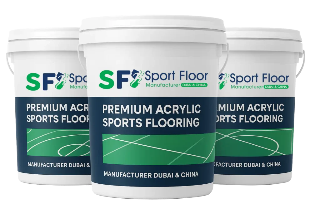 Acrylic sports flooring material buckets prepared as a coordinated court system