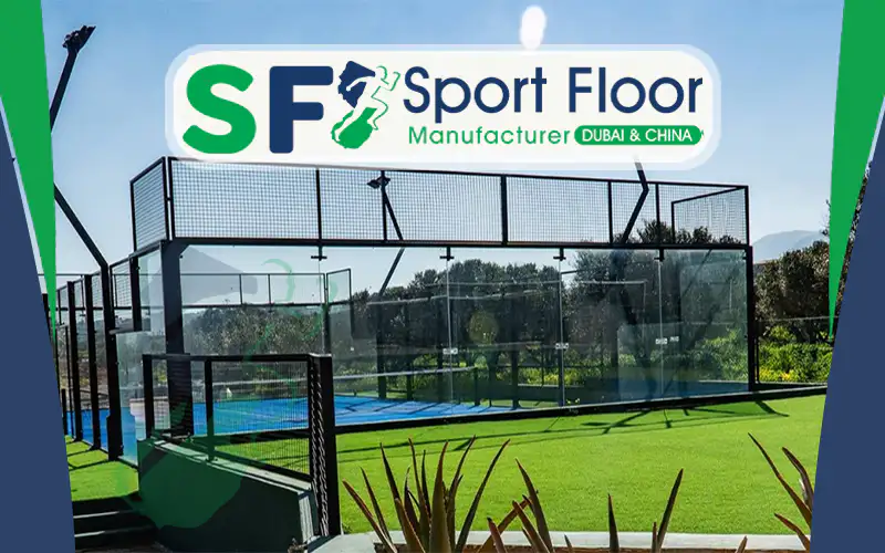 Outdoor panoramic padel court with green artificial grass