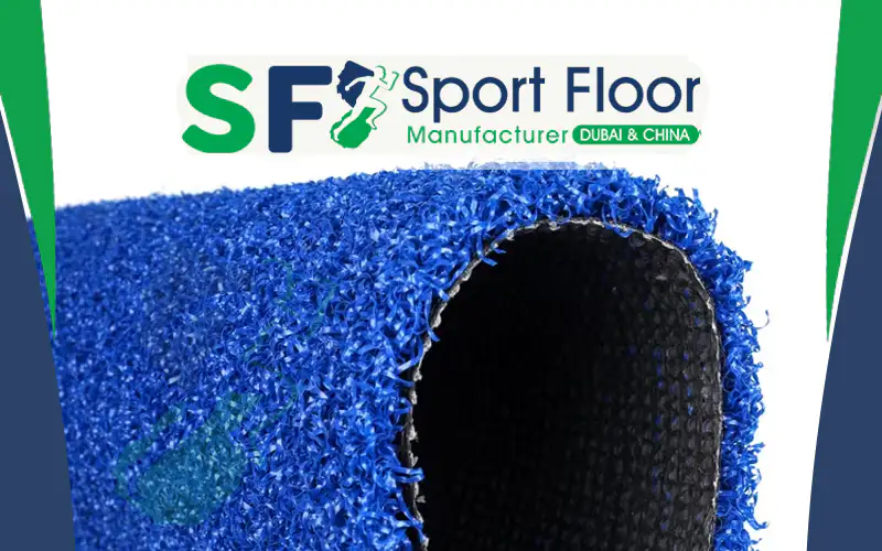 Rolled blue padel artificial grass showing fibers and black backing