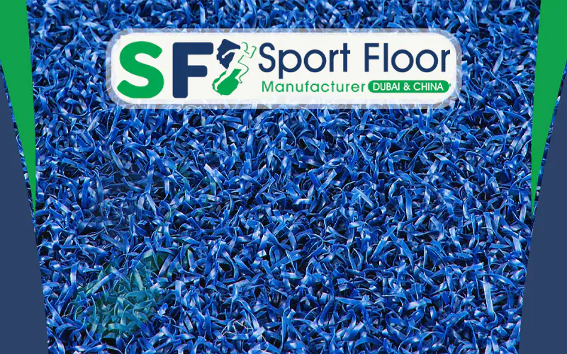 Close view of dense blue padel artificial grass fibers