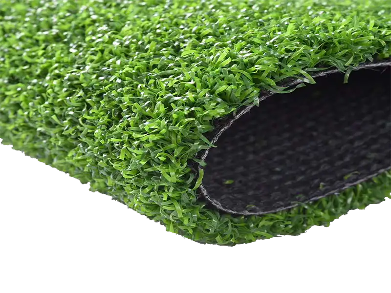Artificial golf turf roll showing fibers and reinforced backing