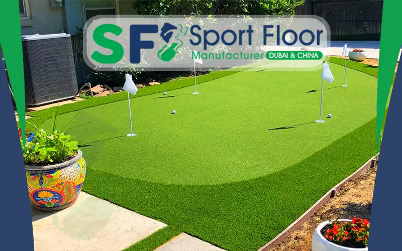 Residential artificial golf putting green with several practice holes