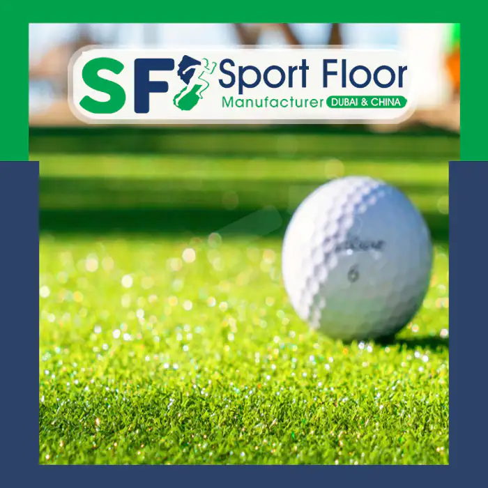 Golf ball resting on short artificial golf turf