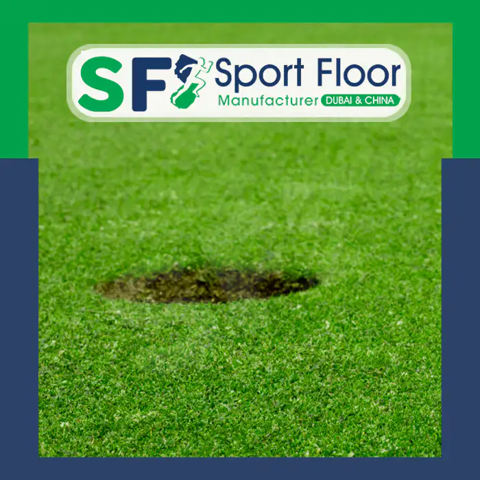 Practice golf hole surrounded by short green artificial turf