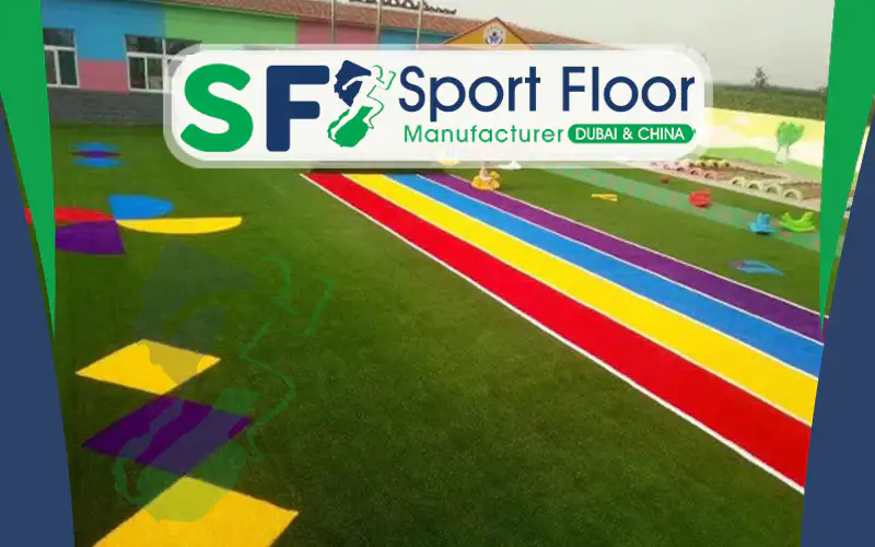 Residential compound recreation area with artificial grass and colored activity lanes