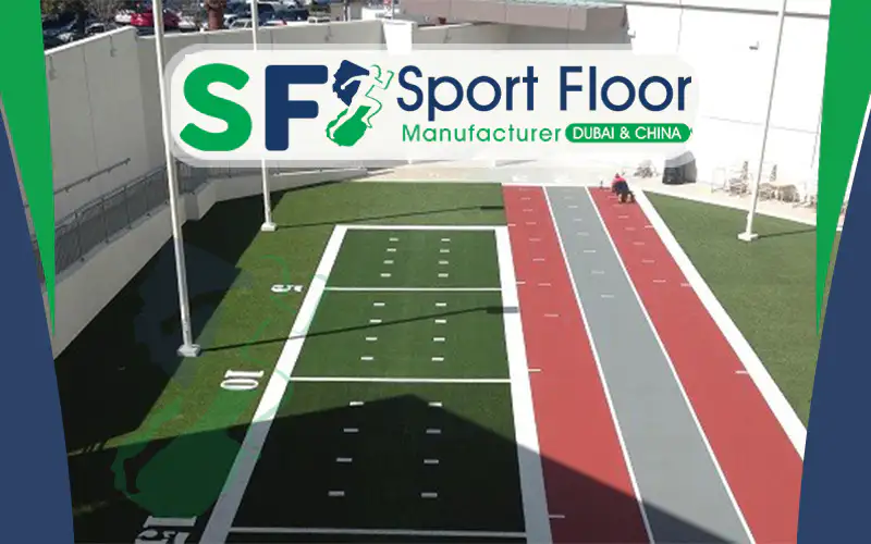 Rooftop multi-activity artificial turf area with running lanes