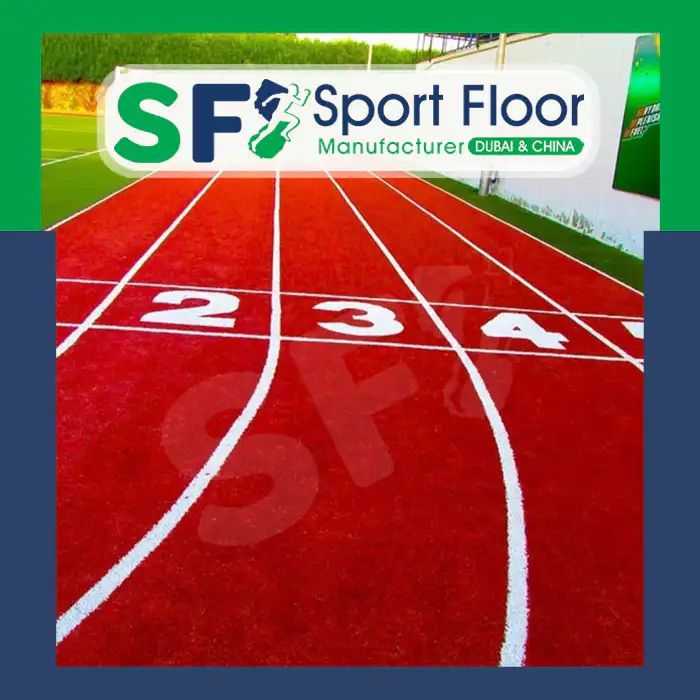 Red artificial turf running lanes with white lane numbers
