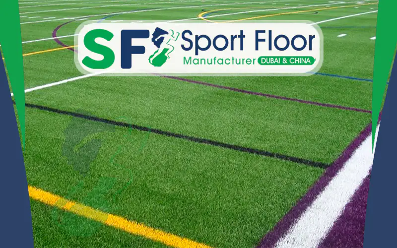 Artificial grass field with several colored sports line markings