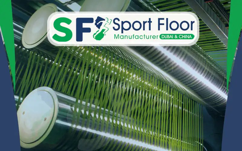 Artificial grass yarn moving through production equipment