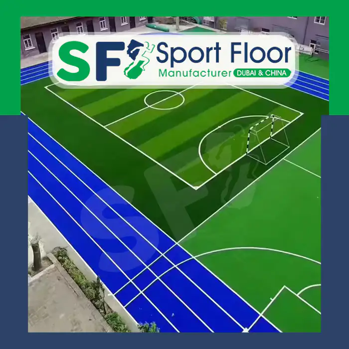 Small-sided artificial football field with goals and line markings