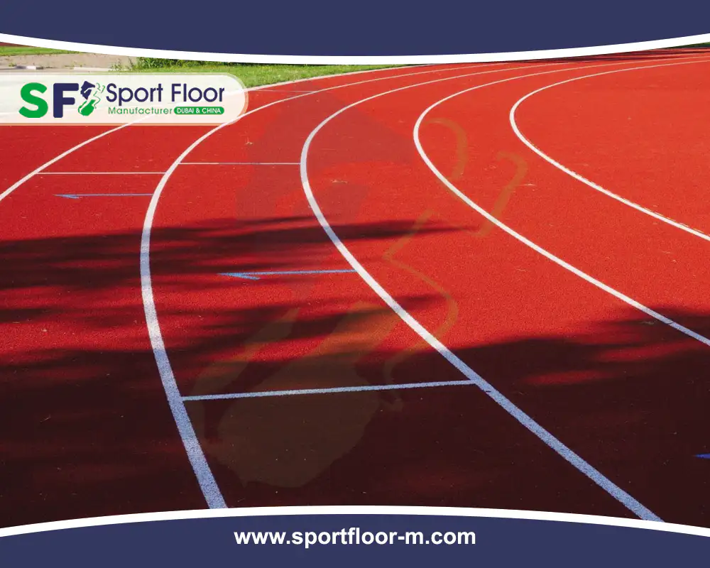 Red dense polyurethane running track surface and curved lane lines