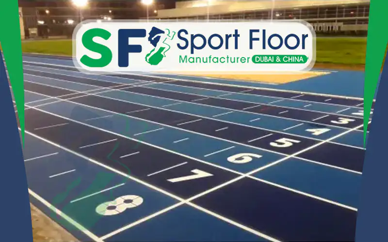 Blue running track showing lane numbers and start markings