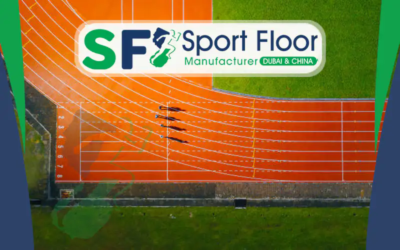 Overhead view of an orange athletics track with multiple lanes