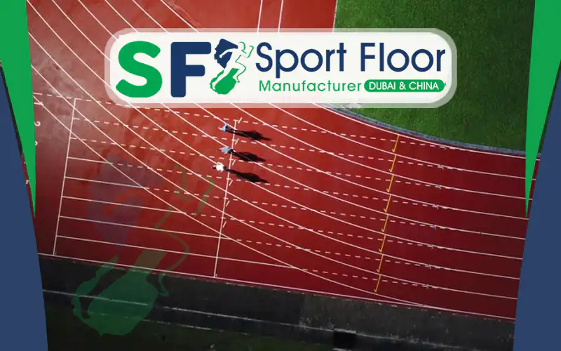 Overhead view of a red athletics track showing curved lane markings
