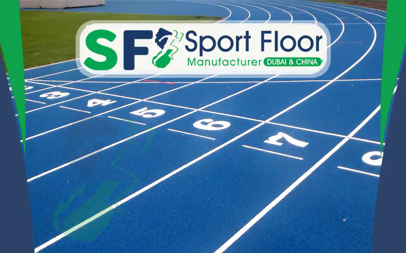Blue running track with numbered start lanes