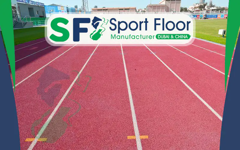 Red running track viewed from the straight lane section
