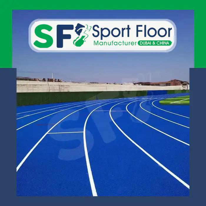 Blue running track with curved white lane markings