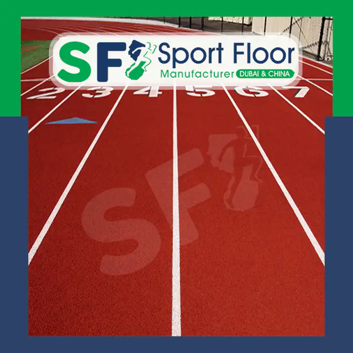 Red running track with numbered lanes