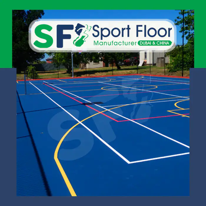 Blue acrylic multi-purpose court with handball and basketball markings