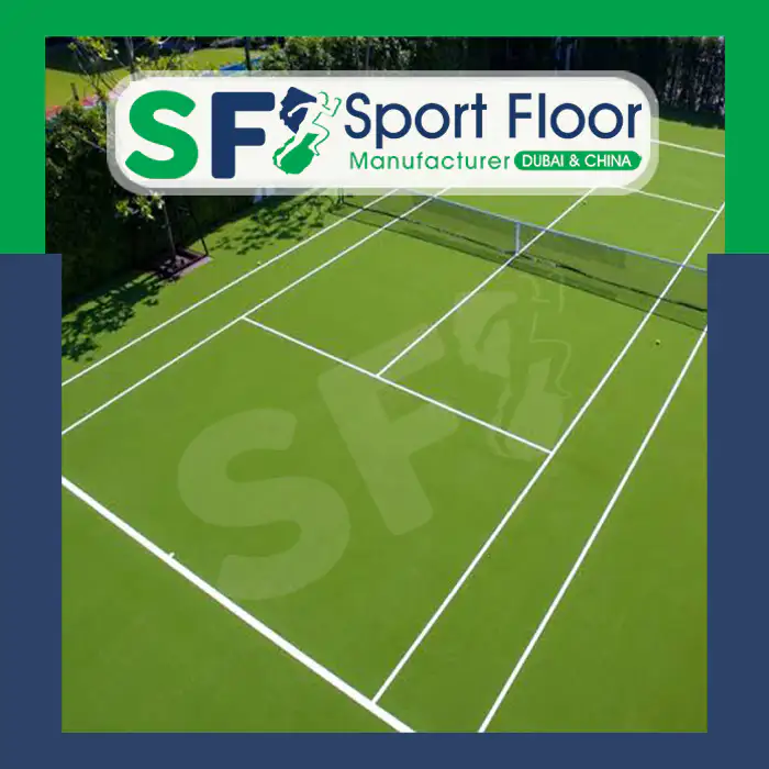 Green tennis court viewed from above