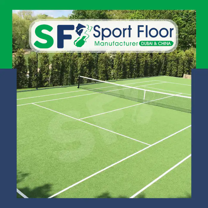 Green outdoor tennis court with net and white markings