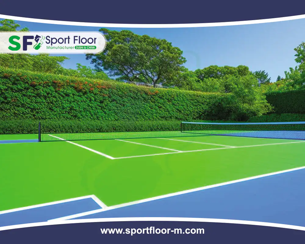 Green and blue acrylic tennis court surrounded by landscaped vegetation