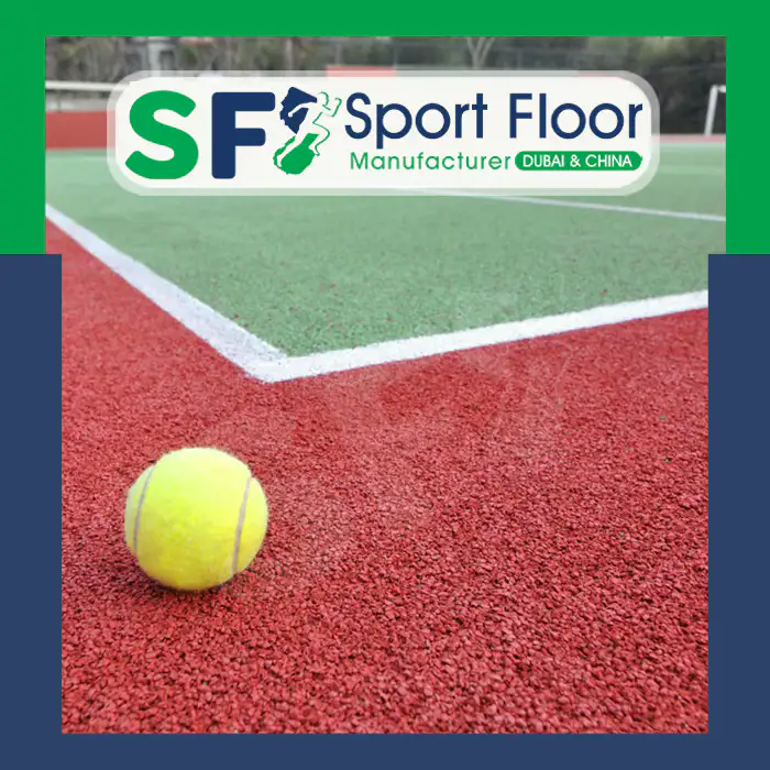 Tennis ball beside a white court line on a textured surface