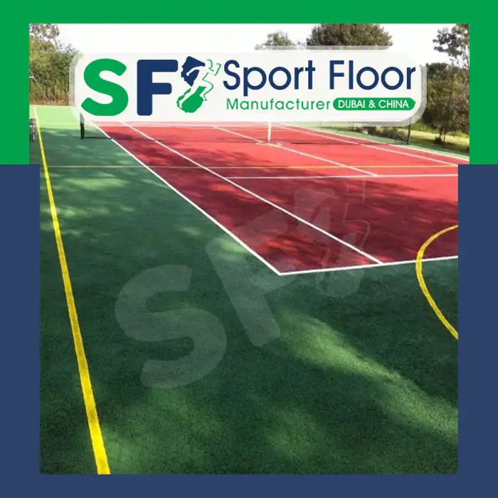 Red and green tennis court with additional sports markings