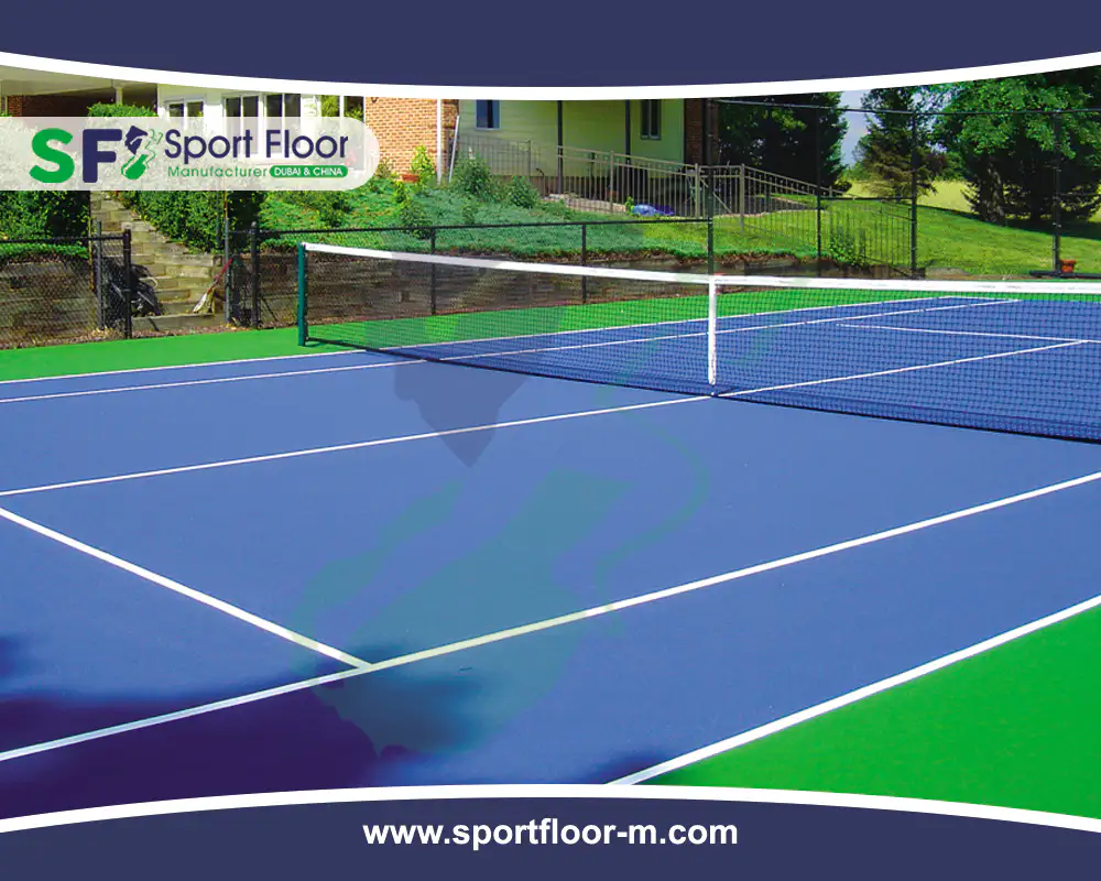 Blue and green outdoor tennis court with net and white markings