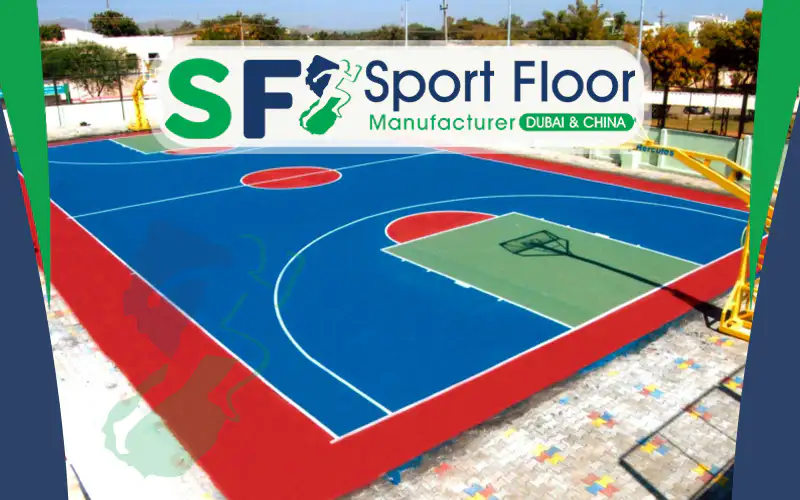 Blue and red outdoor basketball court with green key zone
