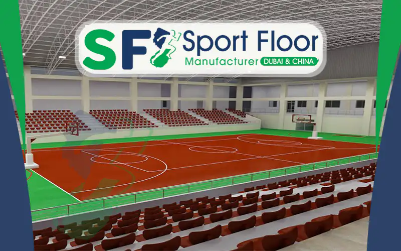 Indoor basketball arena with a red sports surface and spectator seating