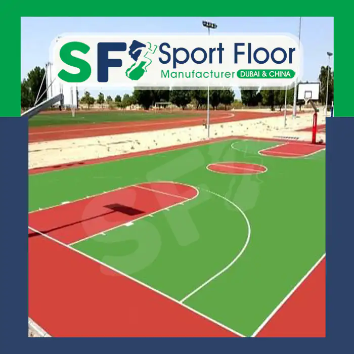 Green and red acrylic basketball court with white markings